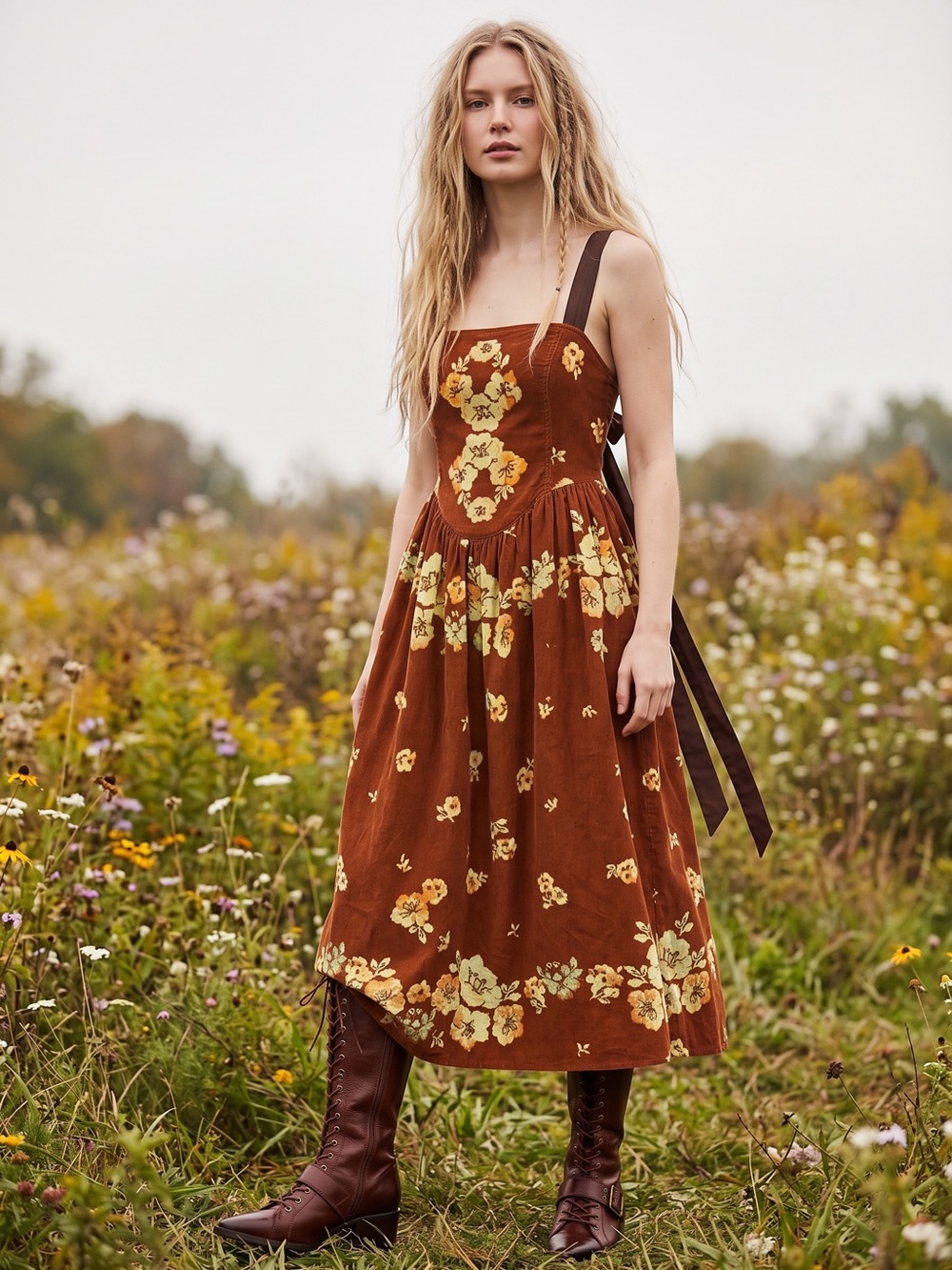 Free People Dainty Cottage Micro Corduroy Until Dawn Midi Dress Brown Large - Picture 6 of 17